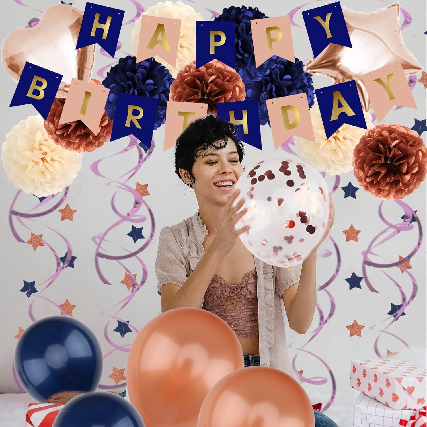 ZERODECO Geburtstagsdeko Mädchen Roségold Marineblau Party Happy Birthday