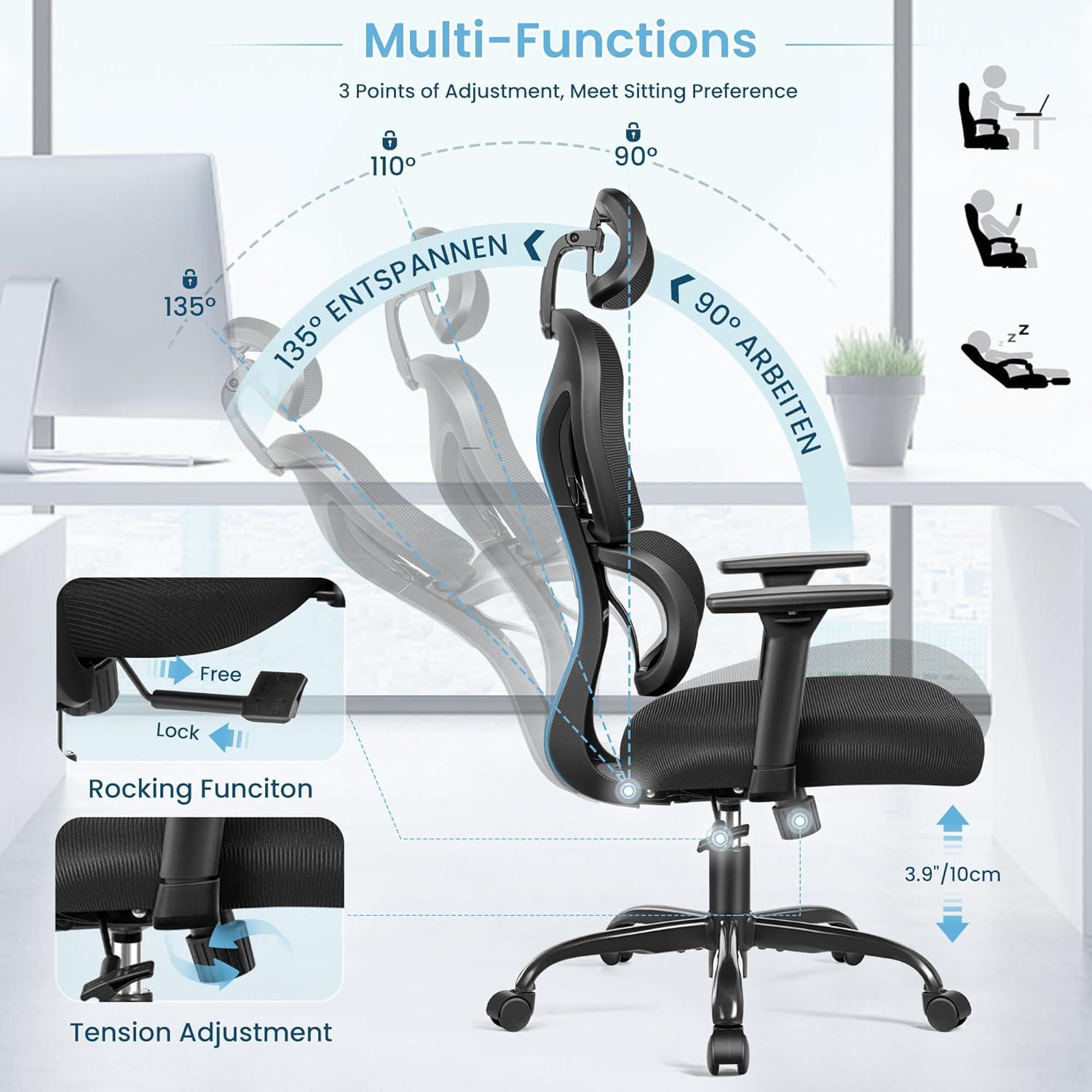 Ergonomischer Bürostuhl mit verstellbarer Kopfstütze und