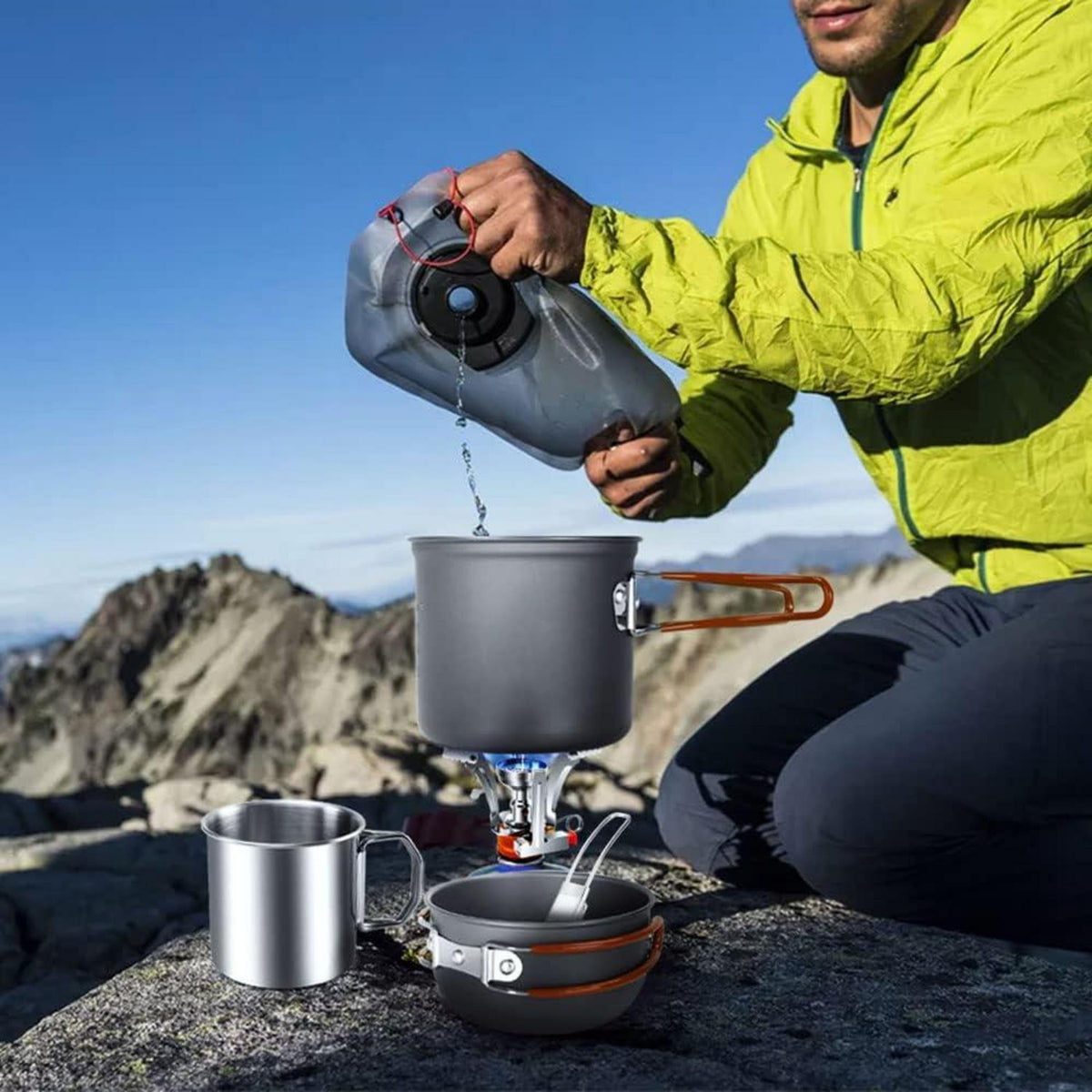 Odoland Camping Geschirr Set Topf Pfanne Backpacking Herd Tasse Spork Halterung