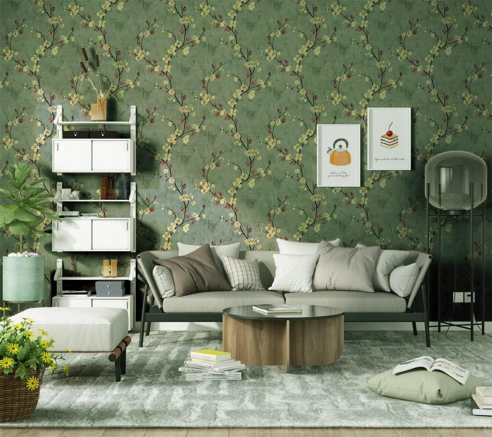 Selbstklebende Tapete Grün Blumenmuster 44x1000cm Wohnzimmer Schlafzimmer