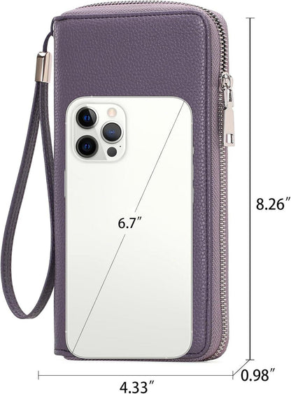 Damen Geldbörse große Kapazität Leder Reißverschluss RFID O-violett Echtleder