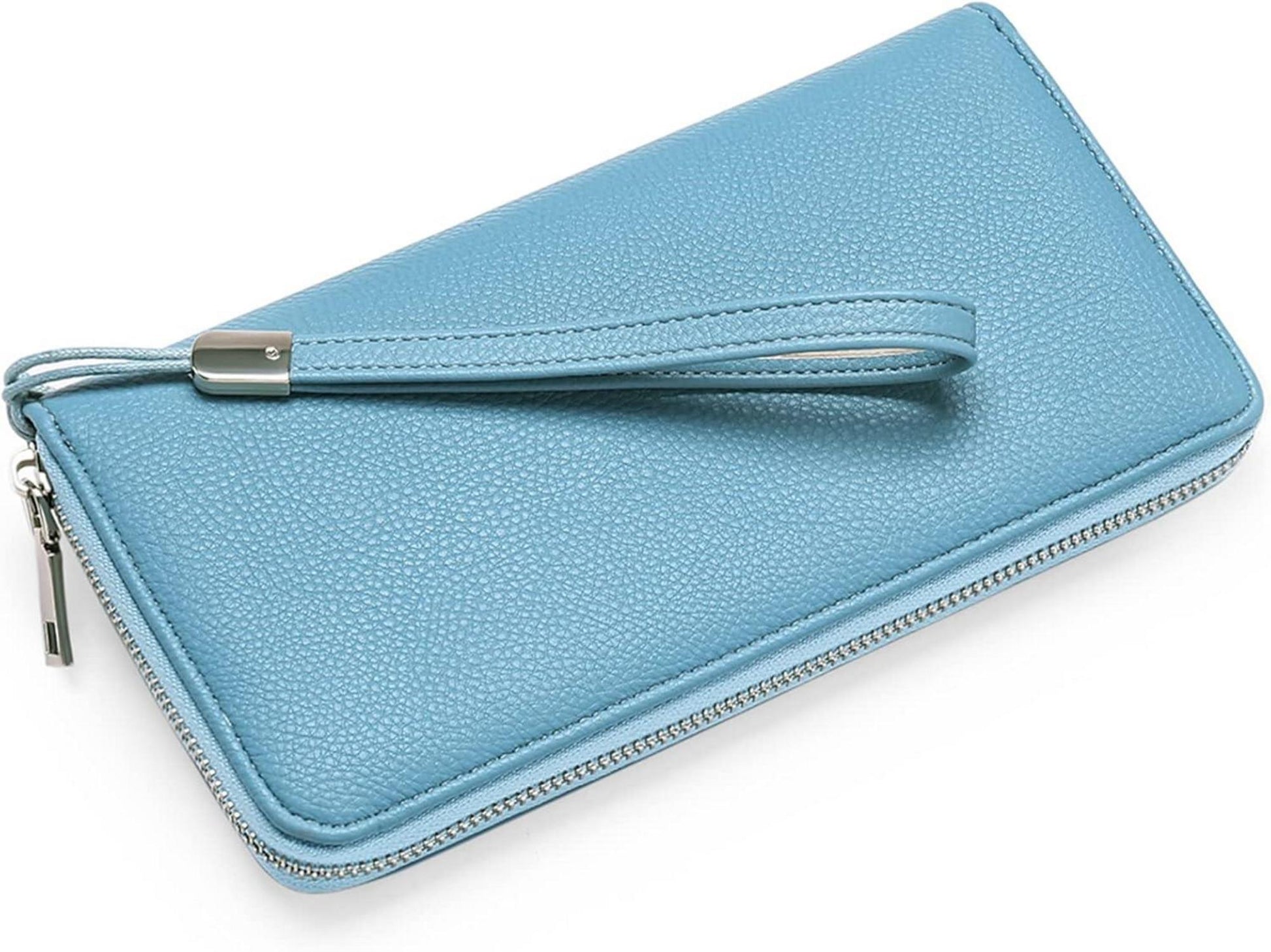 Damen Geldbörse mit RFID-Blockierung, große Kapazität, Leder, Reißverschluss, Hellblau