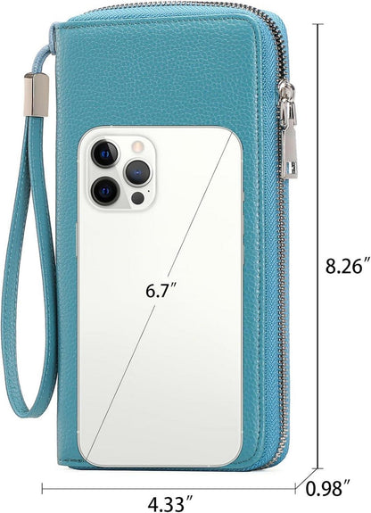 Große Kapazität Damen Geldbörse RFID Schutz Leder Reißverschluss Clutch Blau