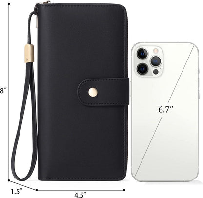 Damen Geldbörse Groß RFID Schutz 14 Kartenfächer Leder Schwarz