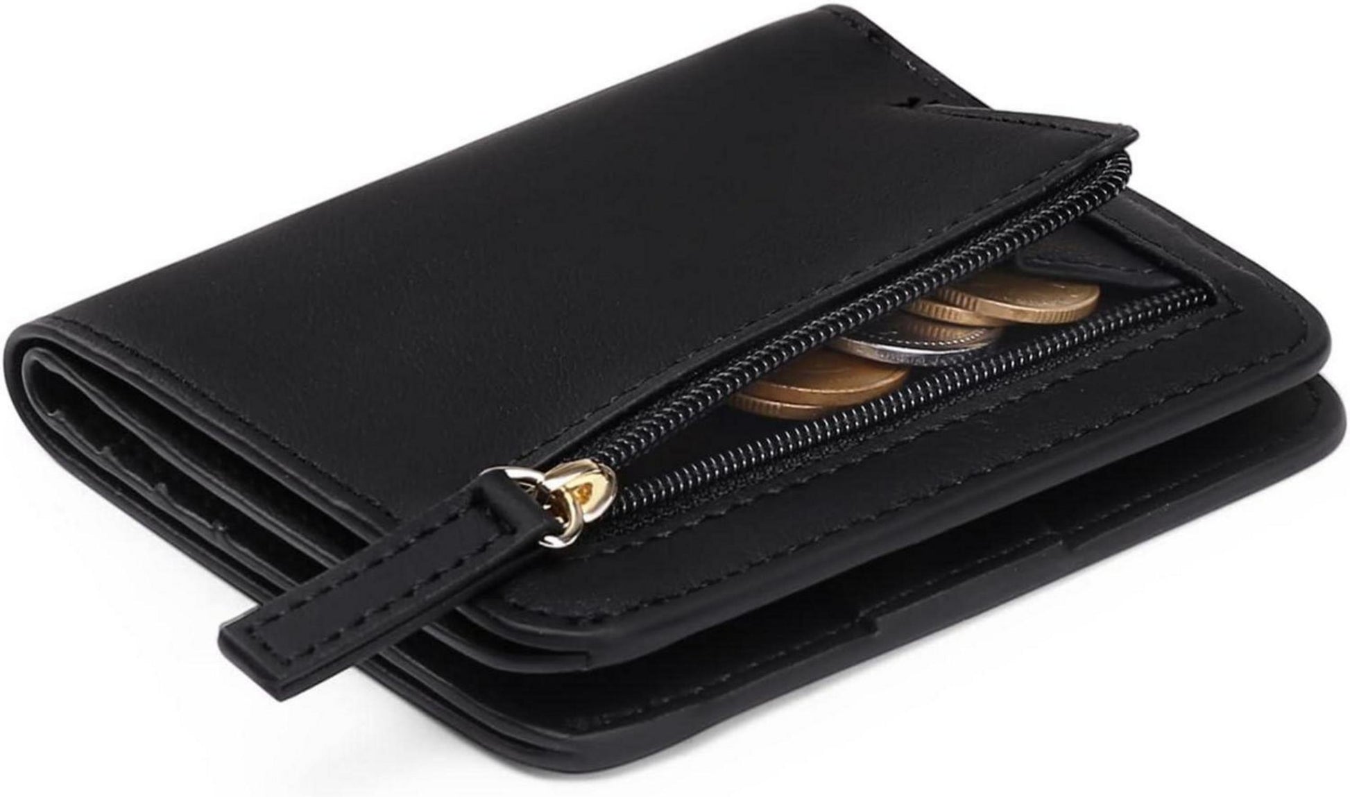 Damen RFID Geldbörse klein Zipper Leder Brieftasche Münzfach Schwarz