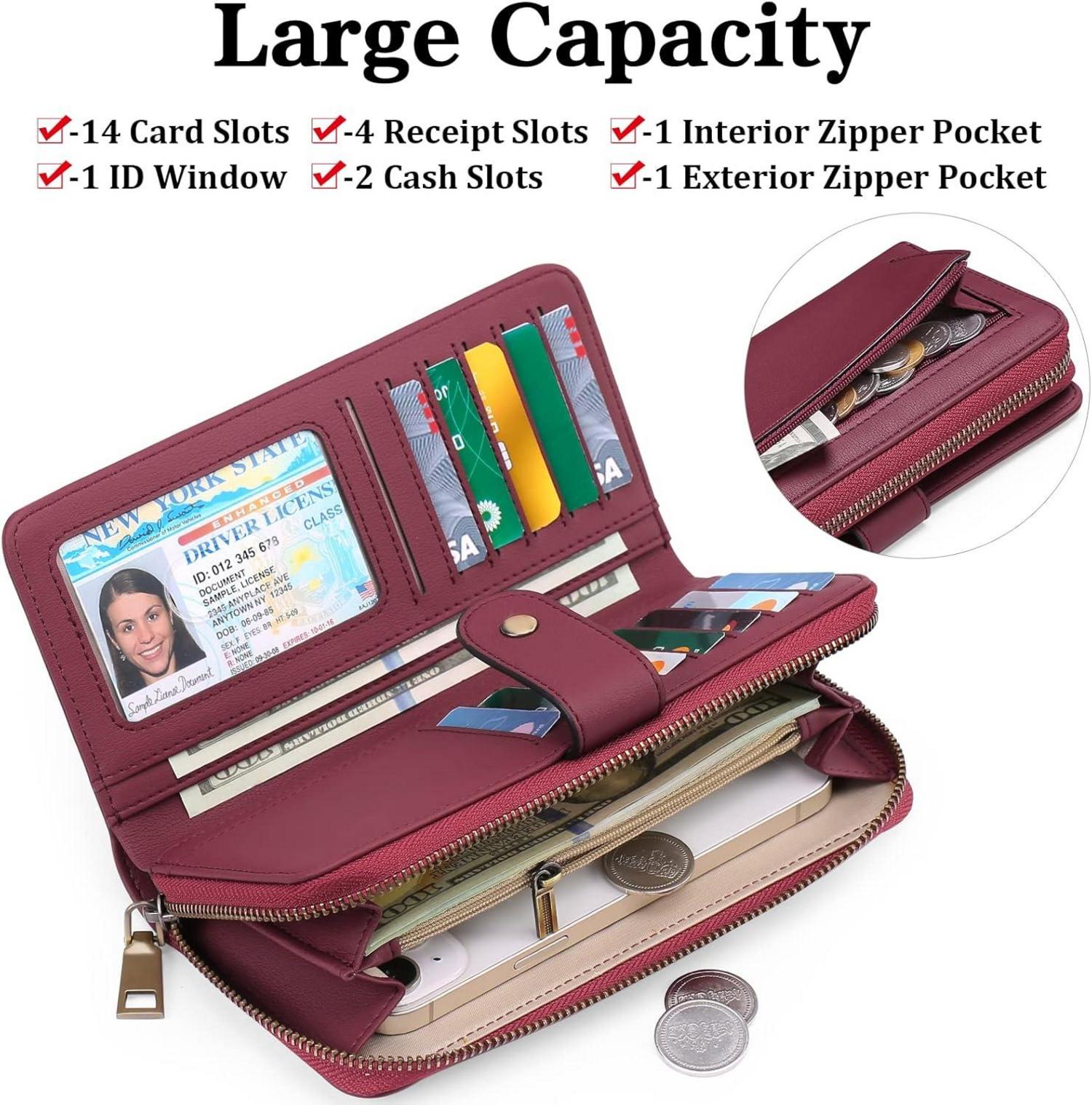 Damen Geldbörse Groß RFID Schutz 14 Kartenfächer Leder Bordeaux