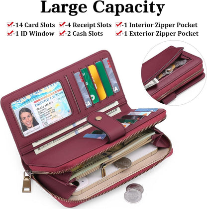 Damen Geldbörse Groß RFID Schutz 14 Kartenfächer Leder Bordeaux