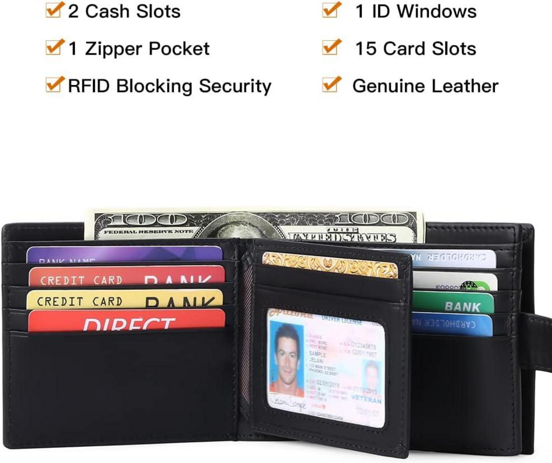 RFID Herren Geldbörse Leder Münzfach Reißverschluss 15 Kartenfächer