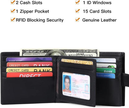 RFID Herren Geldbörse Leder Münzfach Reißverschluss 15 Kartenfächer