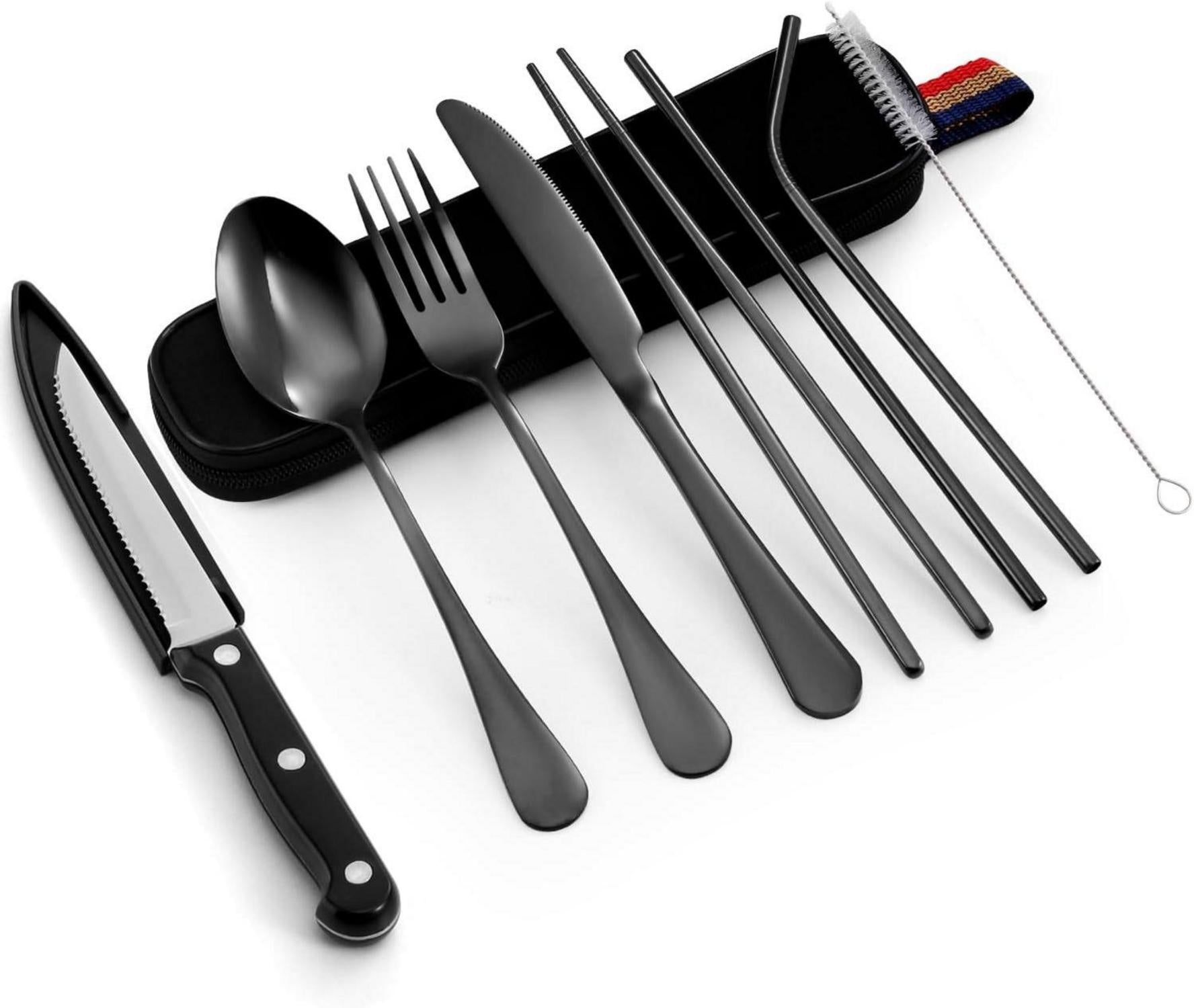 Odoland Campingbesteck Set 9-teilig Edelstahl mit Steakmessern