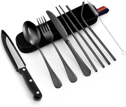 Odoland Campingbesteck Set 9-teilig Edelstahl mit Steakmessern