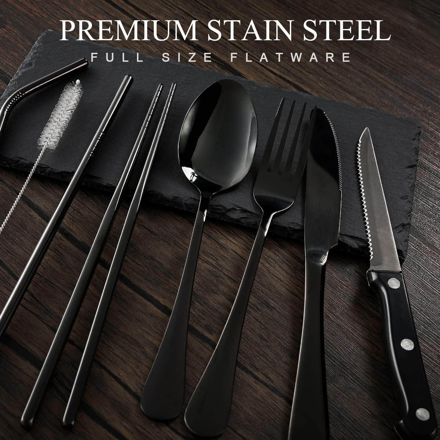 Odoland Campingbesteck Set 9-teilig Edelstahl mit Steakmessern