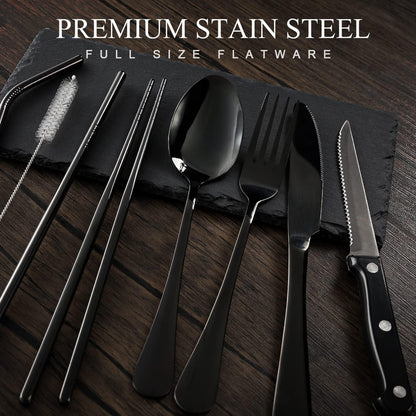 Odoland Campingbesteck Set 9-teilig Edelstahl mit Steakmessern