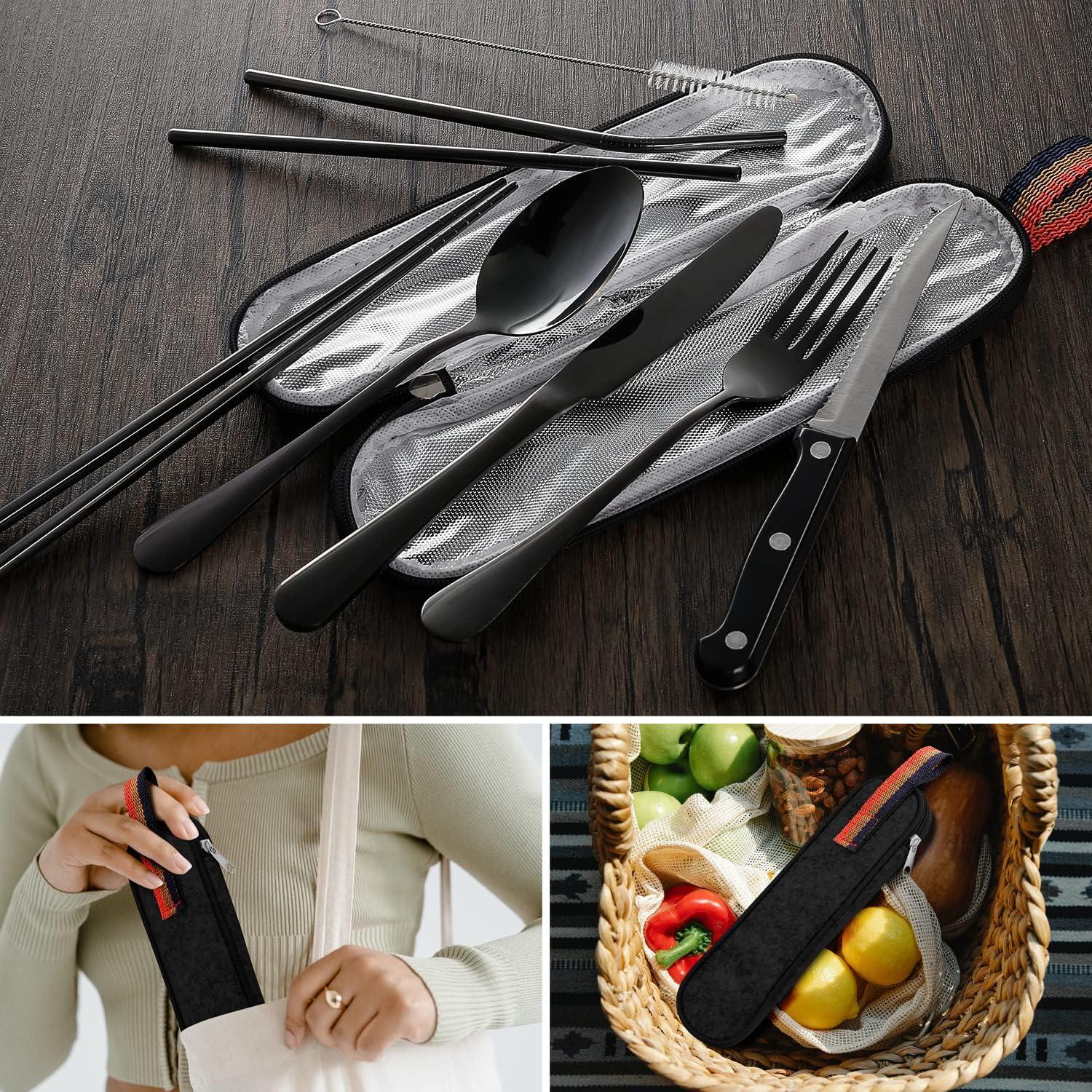 Odoland Campingbesteck Set 9-teilig Edelstahl in Schwarz mit Steakmessern & Strohhalmen