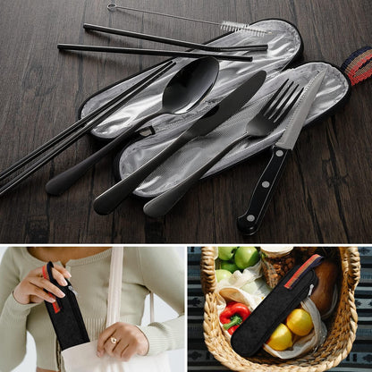 Odoland Campingbesteck Set 9-teilig Edelstahl in Schwarz mit Steakmessern & Strohhalmen