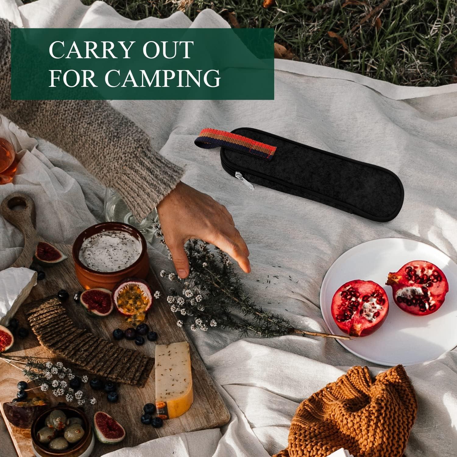 Odoland Campingbesteck Set 9-teilig Edelstahl in Schwarz mit Steakmessern & Strohhalmen