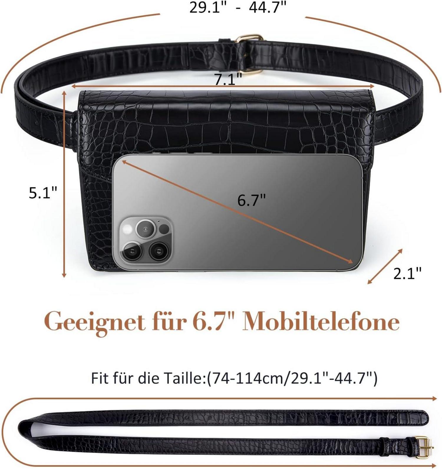 Damen Gürteltasche Krokoprägung Leder Hüfttasche Schwarz
