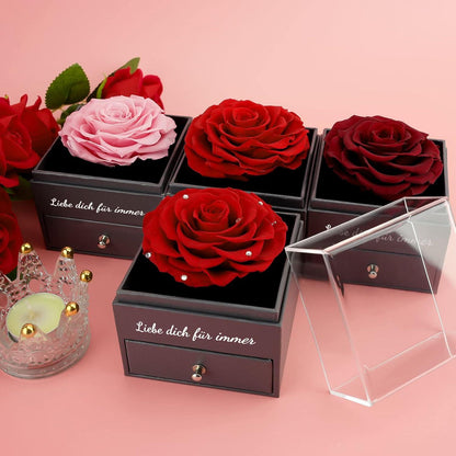 Ewige Rose Geschenkbox mit Halskette und Ohrringen - Rot