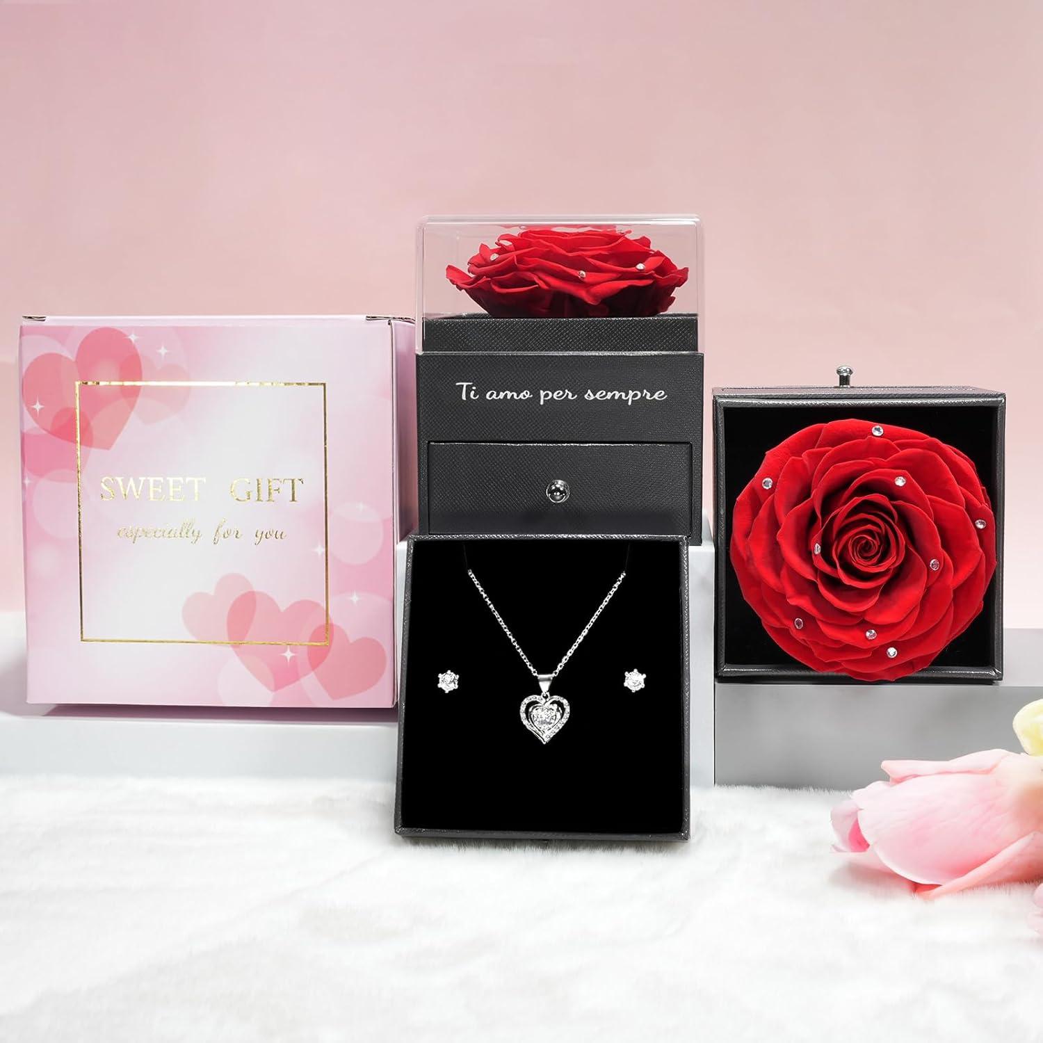 Ewige Konservierte Rosen Geschenkset mit Halskette und Ohrringen