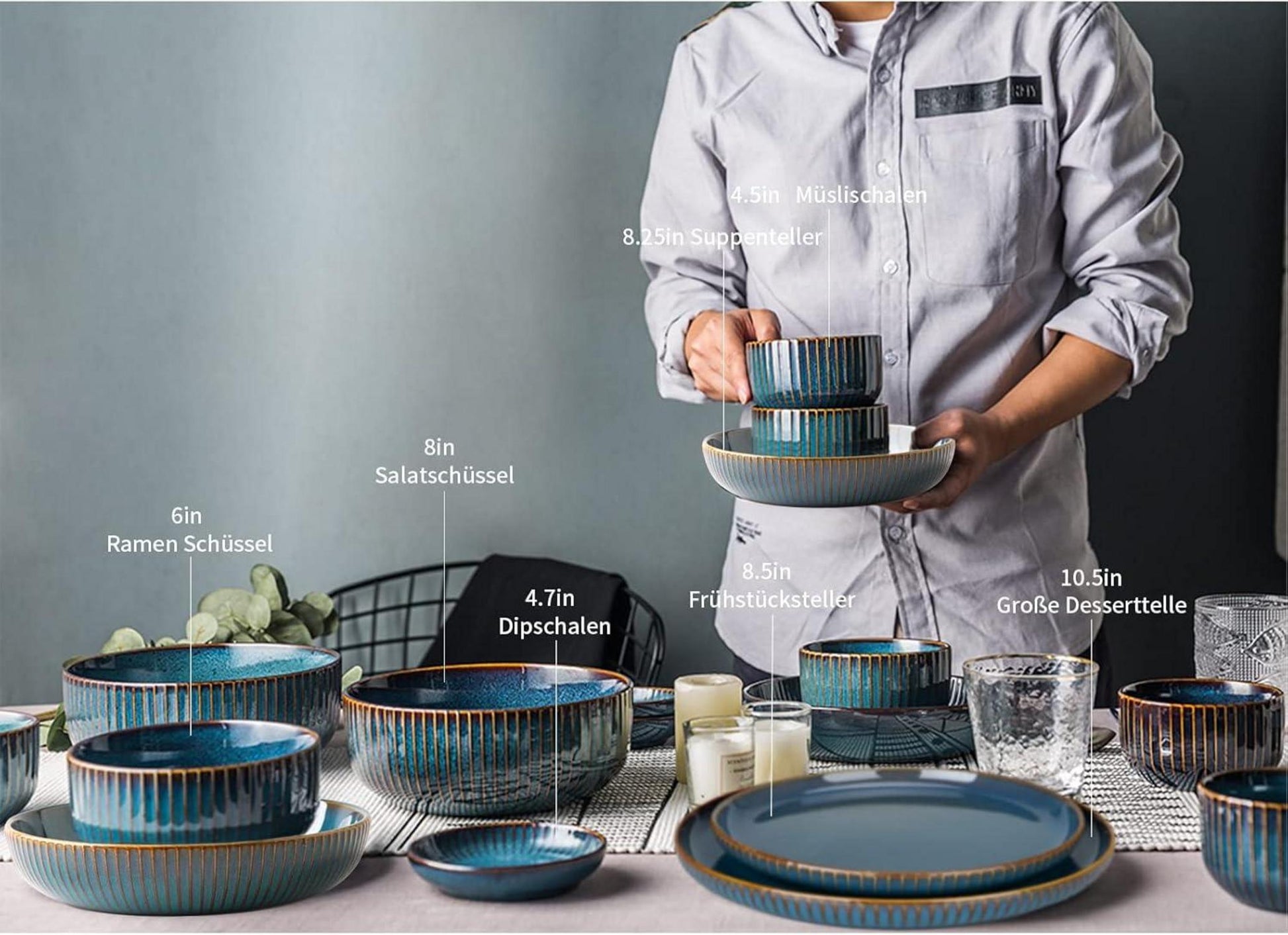 28-teiliges Keramik Tafelservice Set für 8 Personen in Blau