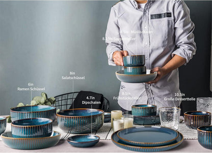 28-teiliges Keramik Tafelservice Set für 8 Personen in Blau