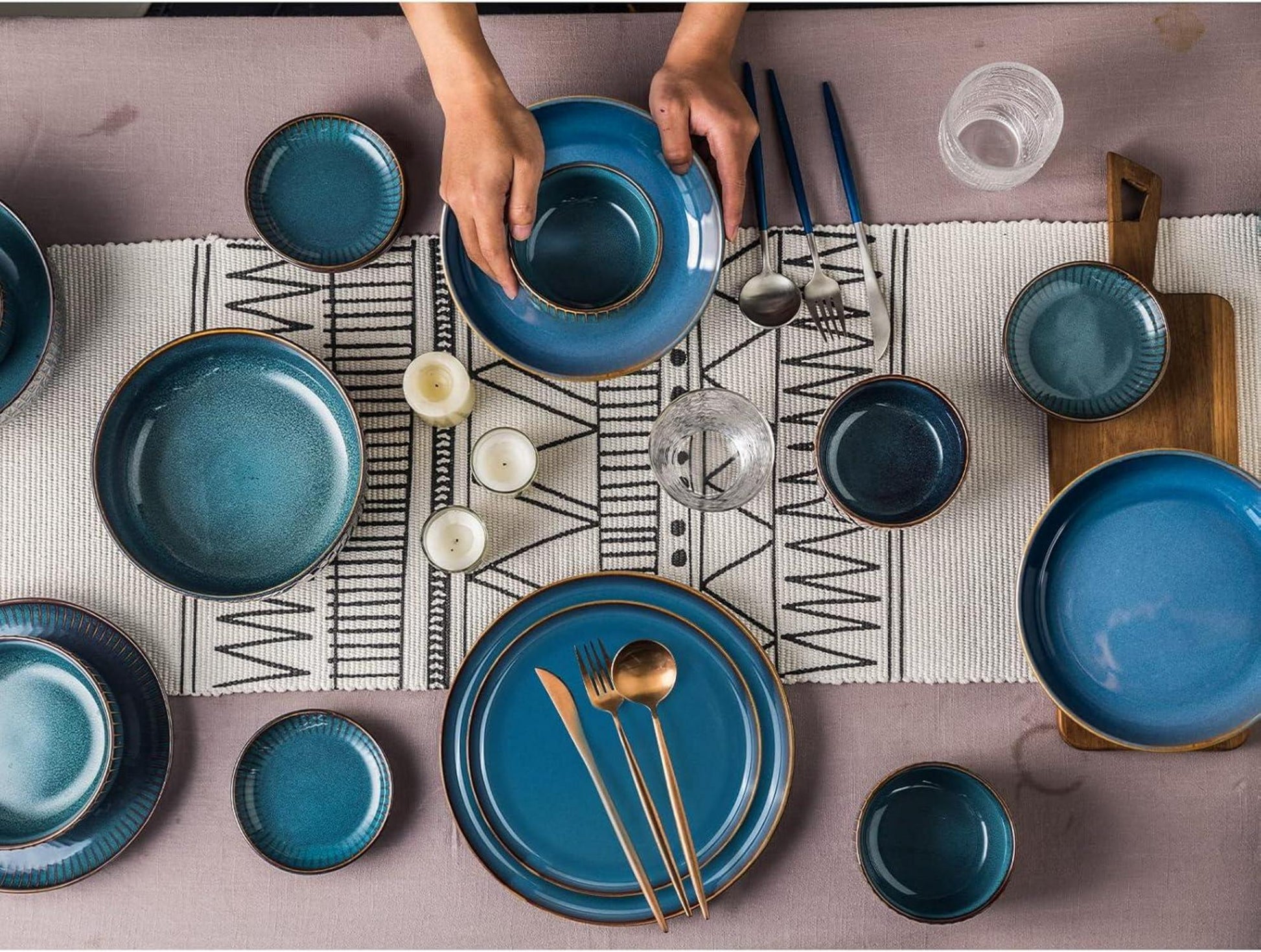 28tlg Keramik Tafelservice 8 Personen Porzellan Modern Blau