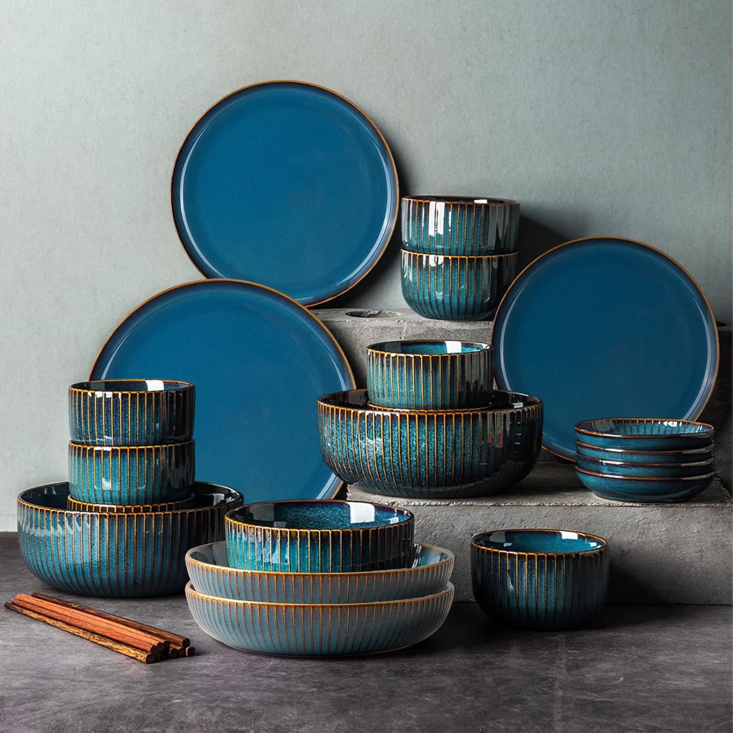 28-teiliges Keramik Tafelservice Set für 8 Personen Blau mit Schalen Essstäbchen
