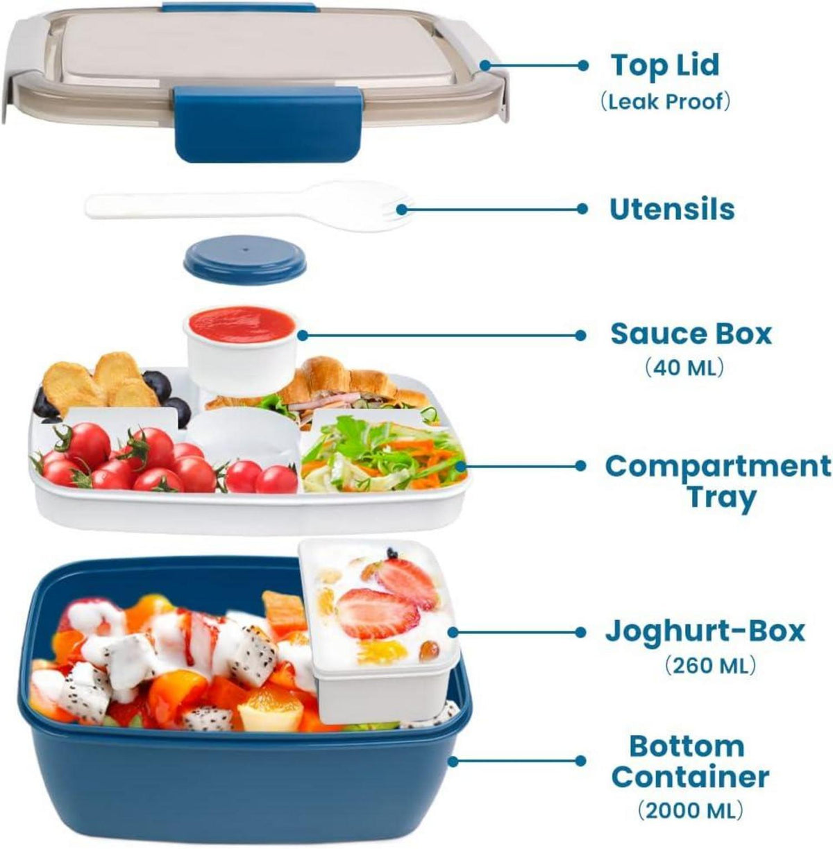 Bugucat Lunchbox 2000ML Auslaufsichere Brotdose mit Fächern