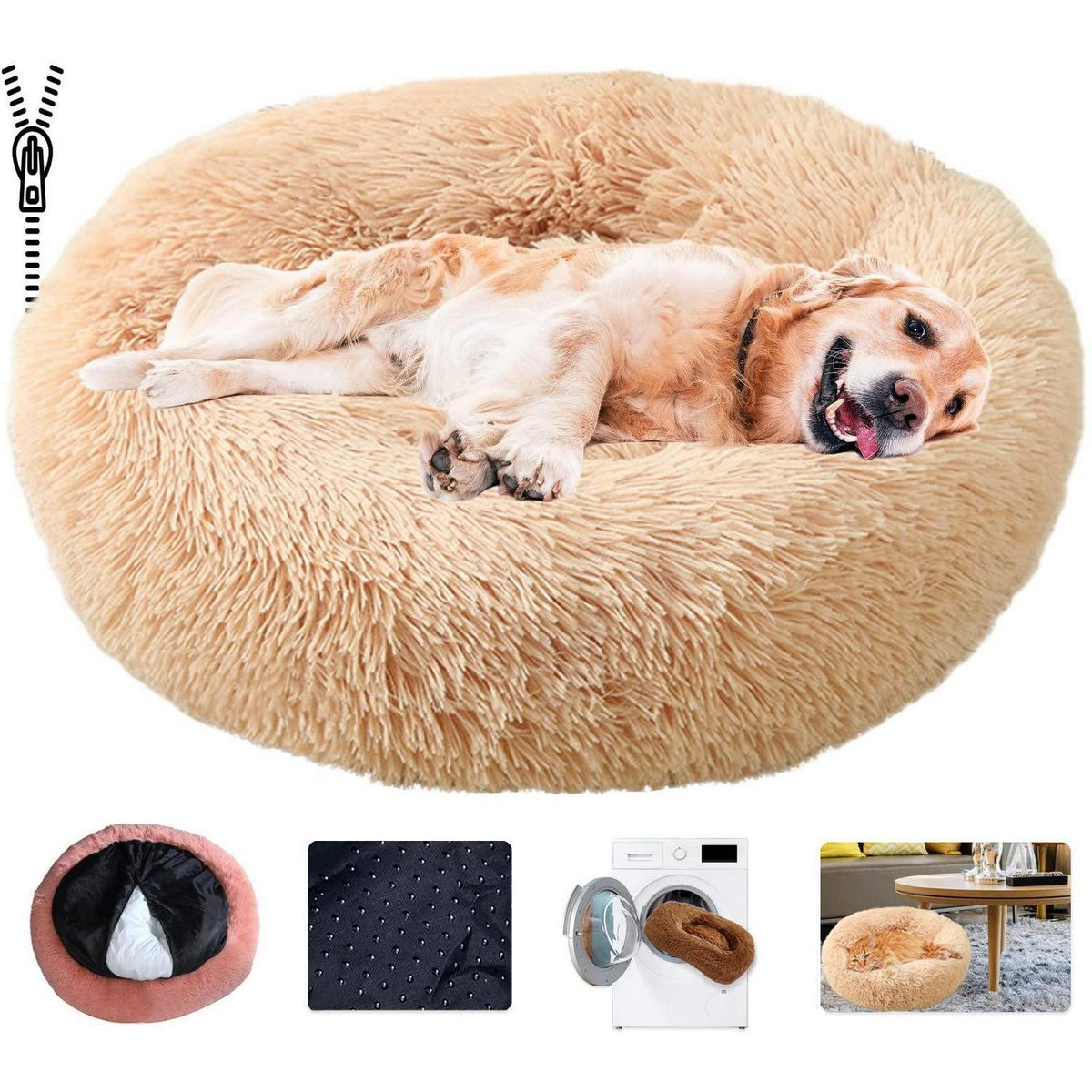 Rundes Hundebett Flauschig – Weiches Donut Kissen 90cm Beige