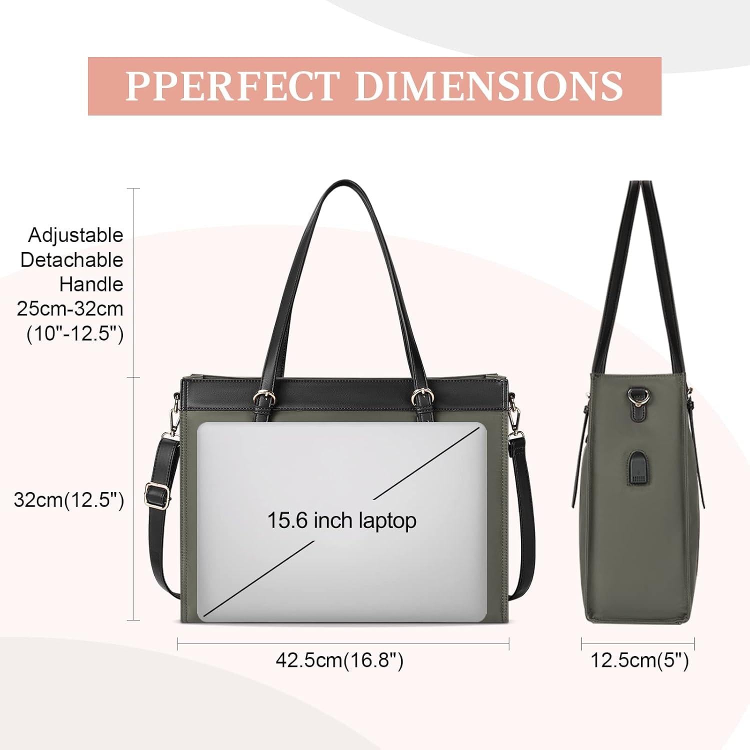 KTMOUW Shopper Damen 15.6 Zoll USB-Ladeanschluss Laptoptasche Dunkelgrau