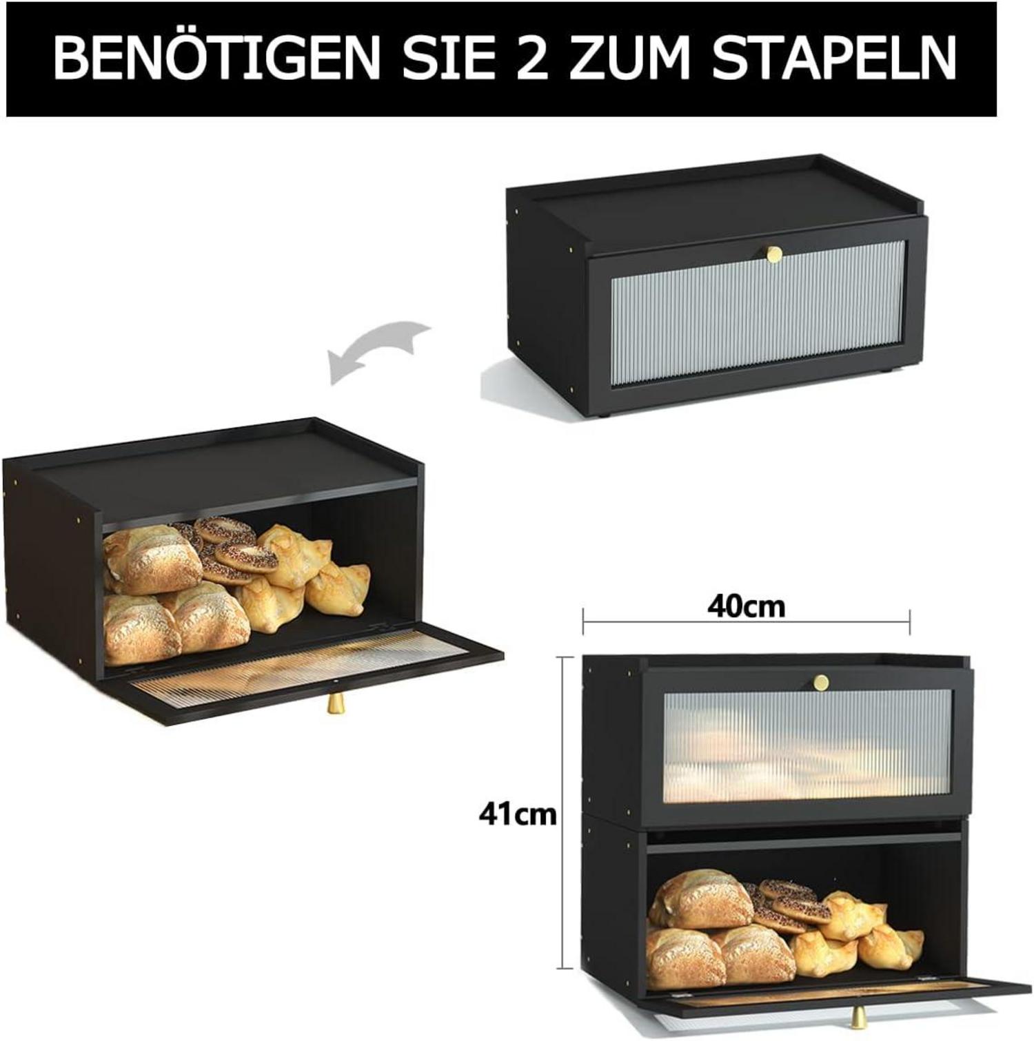 Brotkasten Bambus Schwarz Stapelbar Luftzirkulation Brotaufbewahrung 40x25x20cm