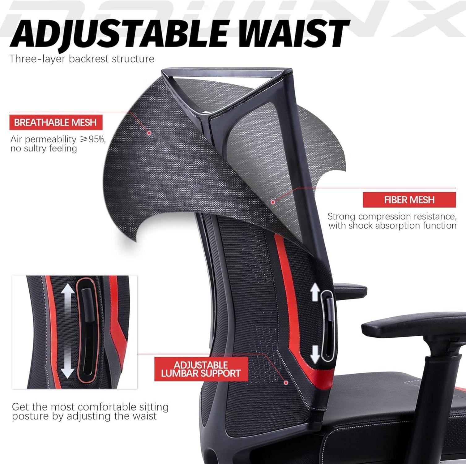 Dowinx Gaming Stuhl 3D Armlehnen Bürostuhl Wippfunktion Leder Schwarz Rot