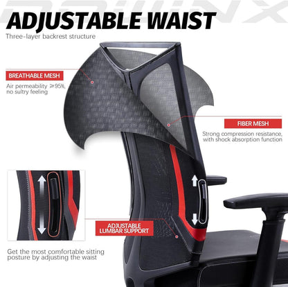 Dowinx Gaming Stuhl 3D Armlehnen Bürostuhl Wippfunktion Leder Schwarz Rot