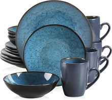 Tafelservice 16-teilig Vintage Steinzeug Set BUBBLE Kombiservice Blau