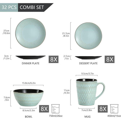 PLUVO Kombiservice Steinzeug 32-teilig blaugrün Nature