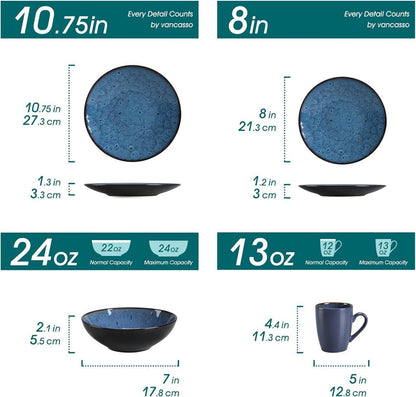 48-teiliges Steinzeug Tafelservice Set im Vintage Look, Blau