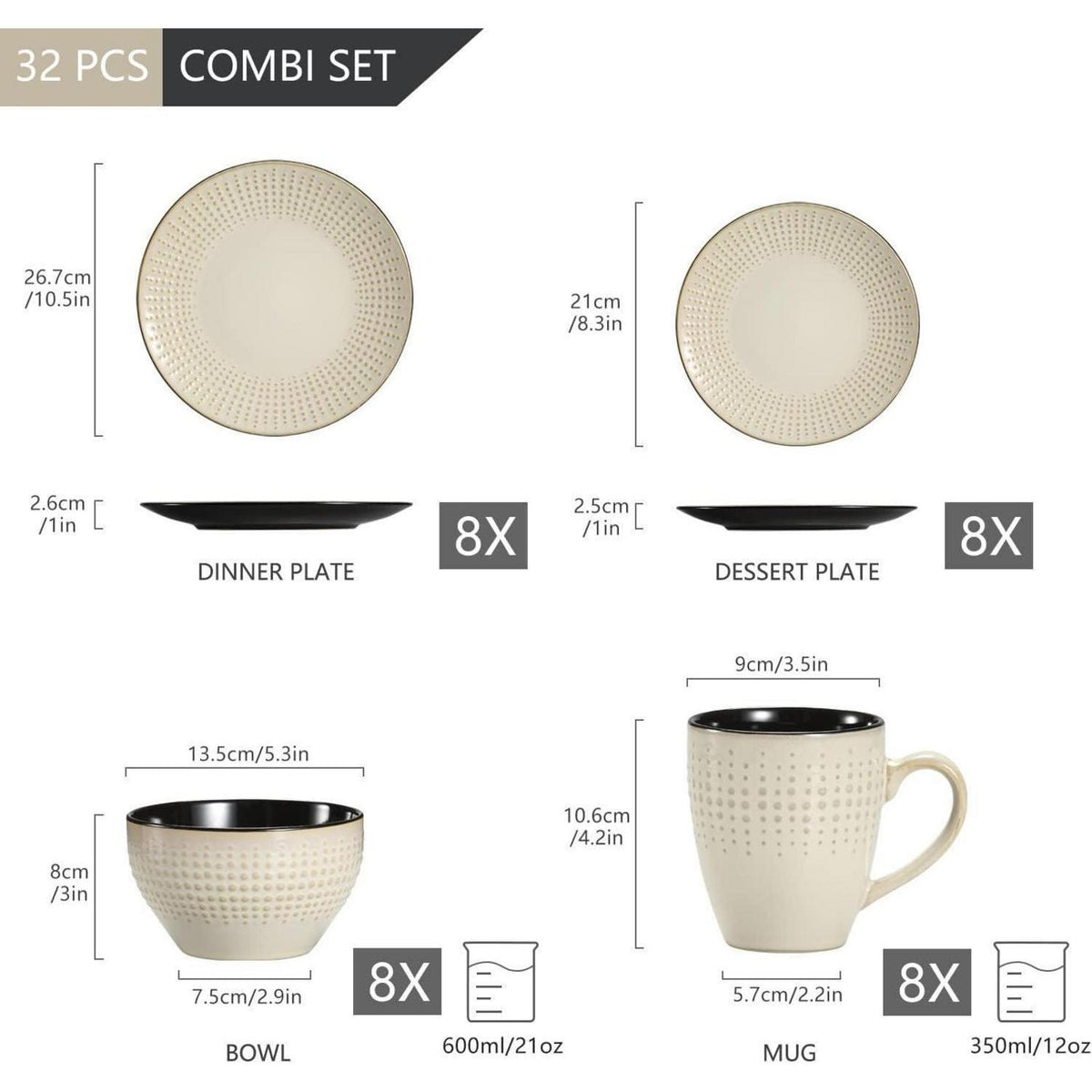 32-teiliges Steinzeug Tafelservice für 8 Personen, Beige