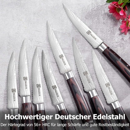 PAUDIN Steakmesser Set 8-tlg Deutsche Edelstahl Gezackte Klinge Holzgriff