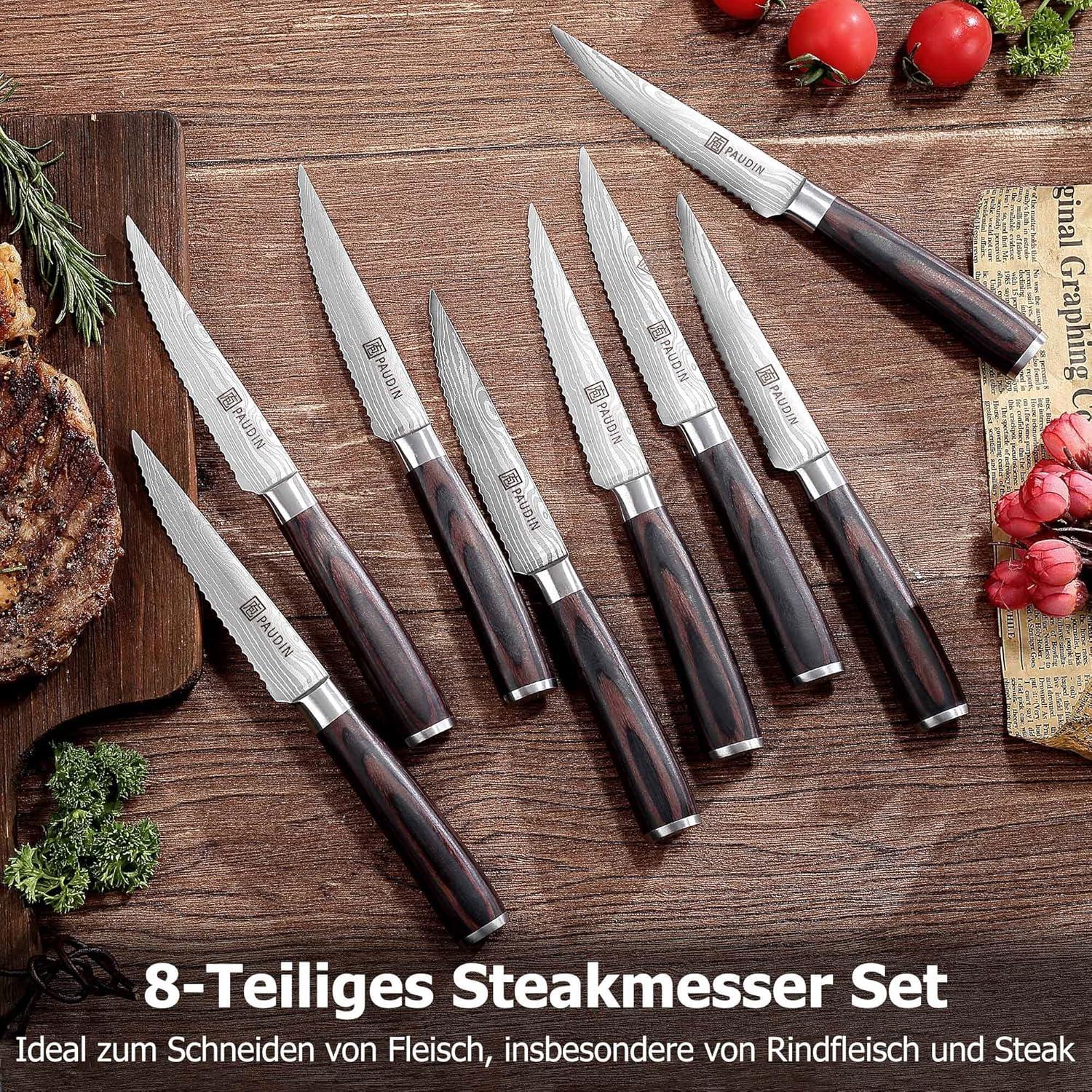 PAUDIN Steakmesser Set 8-tlg Deutsche Edelstahl Gezackte Klinge Holzgriff