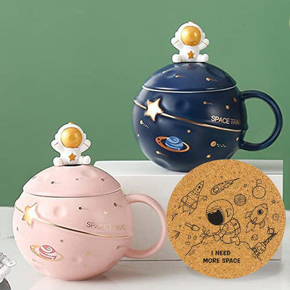 Kawaii Astronaut Tasse mit Weltraum Prägung und Deckel Rosa