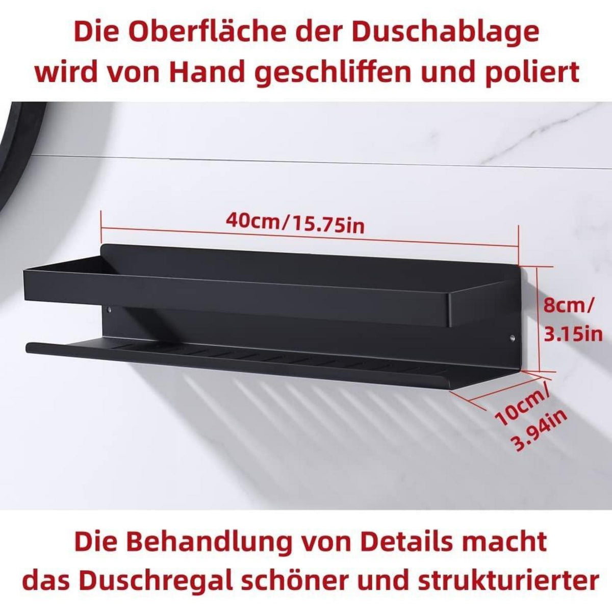 Duschablage Ohne Bohren Mattschwarz 40CM – Ablauflösung & Ordnung