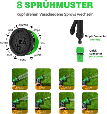 Flexibler Gartenschlauch 100FT Wasserschlauch mit Schlauchhaken-8Funktion Sprühdüse, Grün