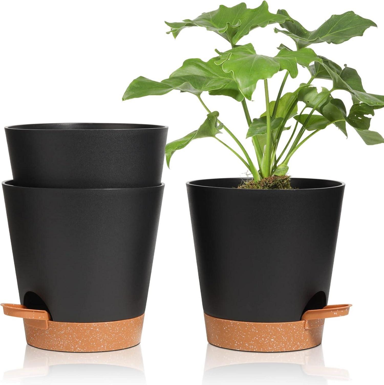 Selbstbewässernder Kunststoff-Blumentopf 3er-Set Rund Schwarz