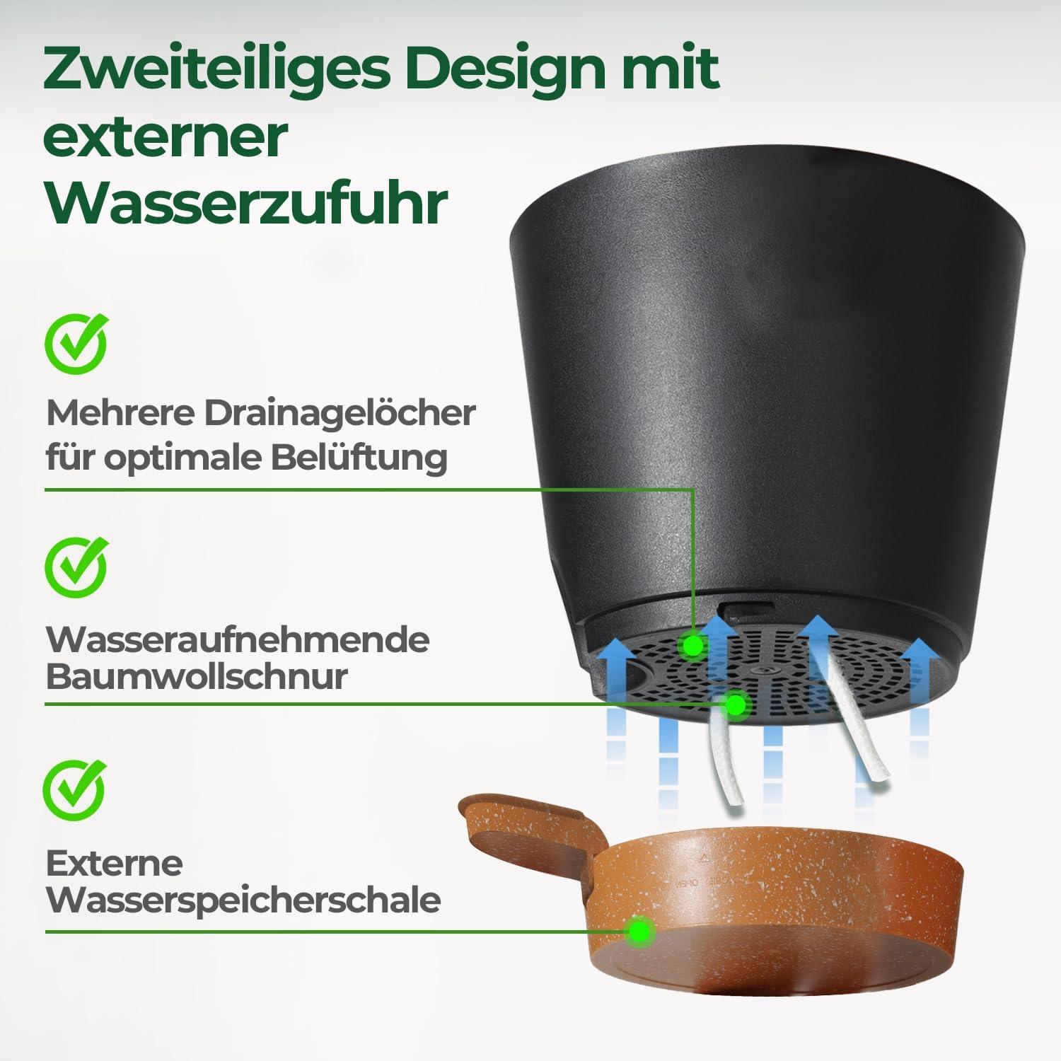 Selbstbewässernder Kunststoff-Blumentopf 3er-Set Rund Schwarz