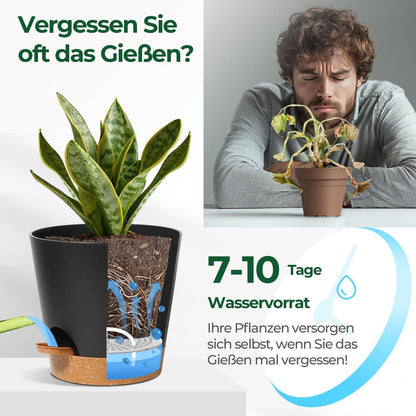 T4U 16,5cm Kunststoff Blumentopf mit Bewässerungssystem, 3er-Set Selbstbewässerung Schwarz