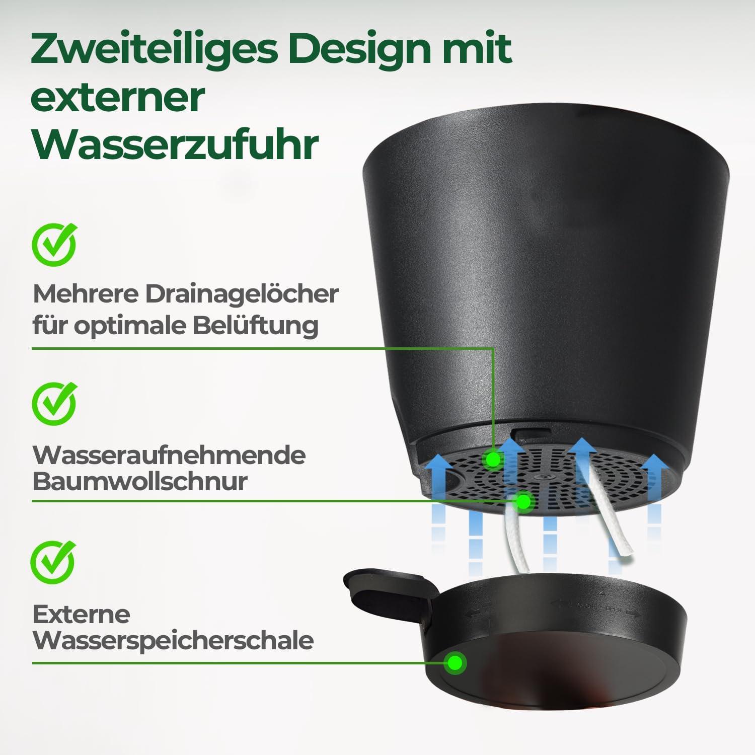 Blumentopf mit Bewässerungssystem 20cm 6er-Set Schwarz