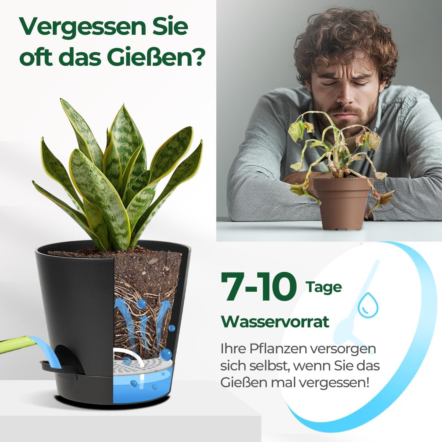 T4U 20cm Kunststoff Blumentopf mit Bewässerungssystem, 6er-Set Schwarz