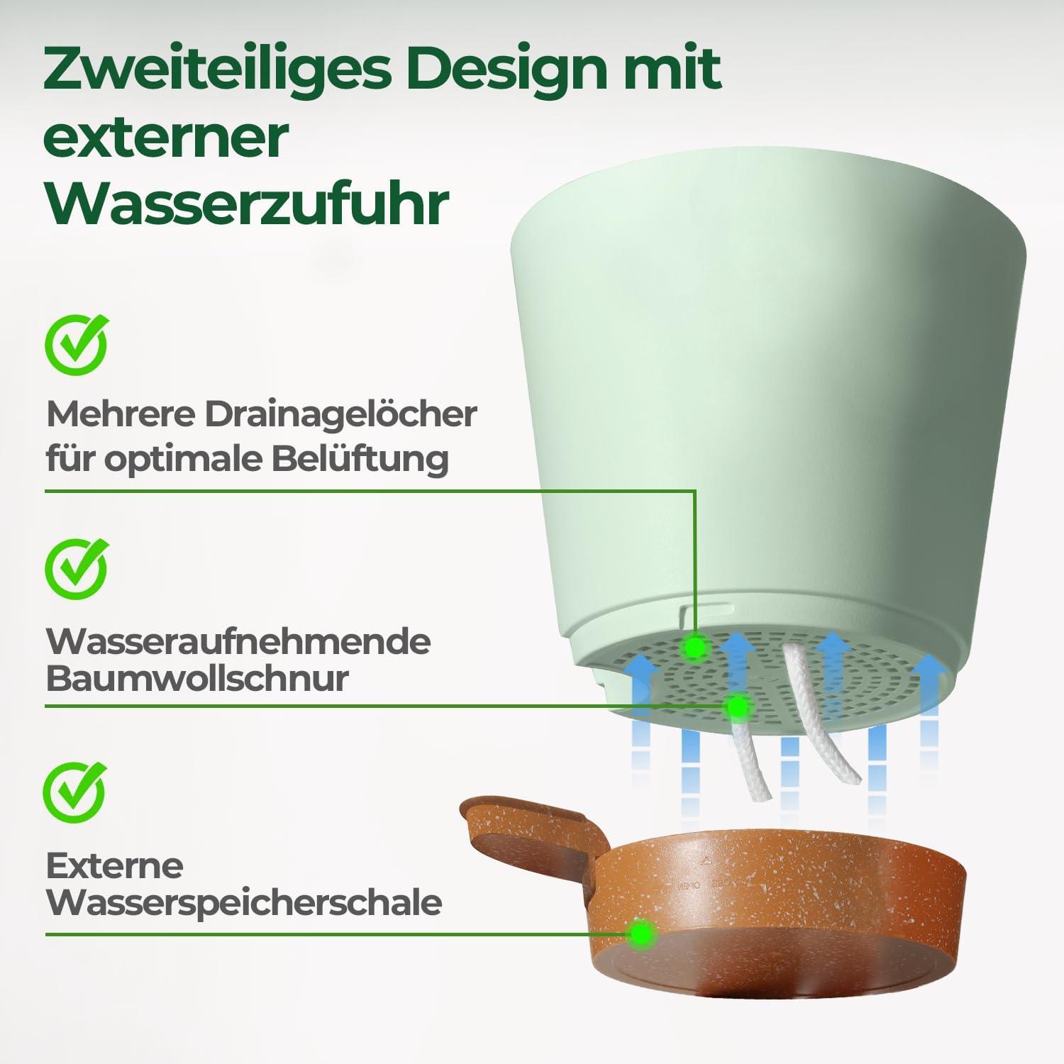 Selbstbewässernder Kunststoff Blumentopf 16,5cm 3er-Set Gruen