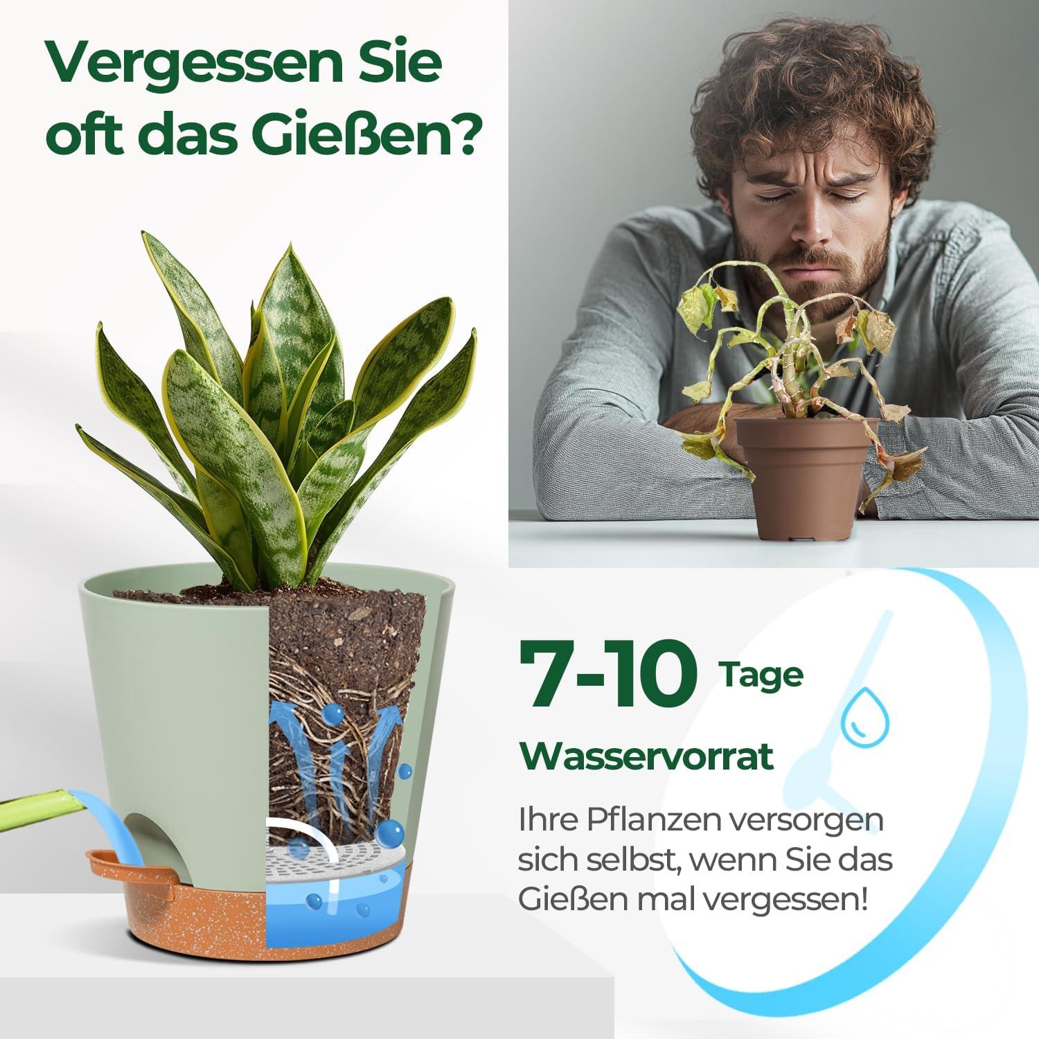 T4U 16,5cm Kunststoff Blumentopf Selbstbewässerung 3er-Set Grün