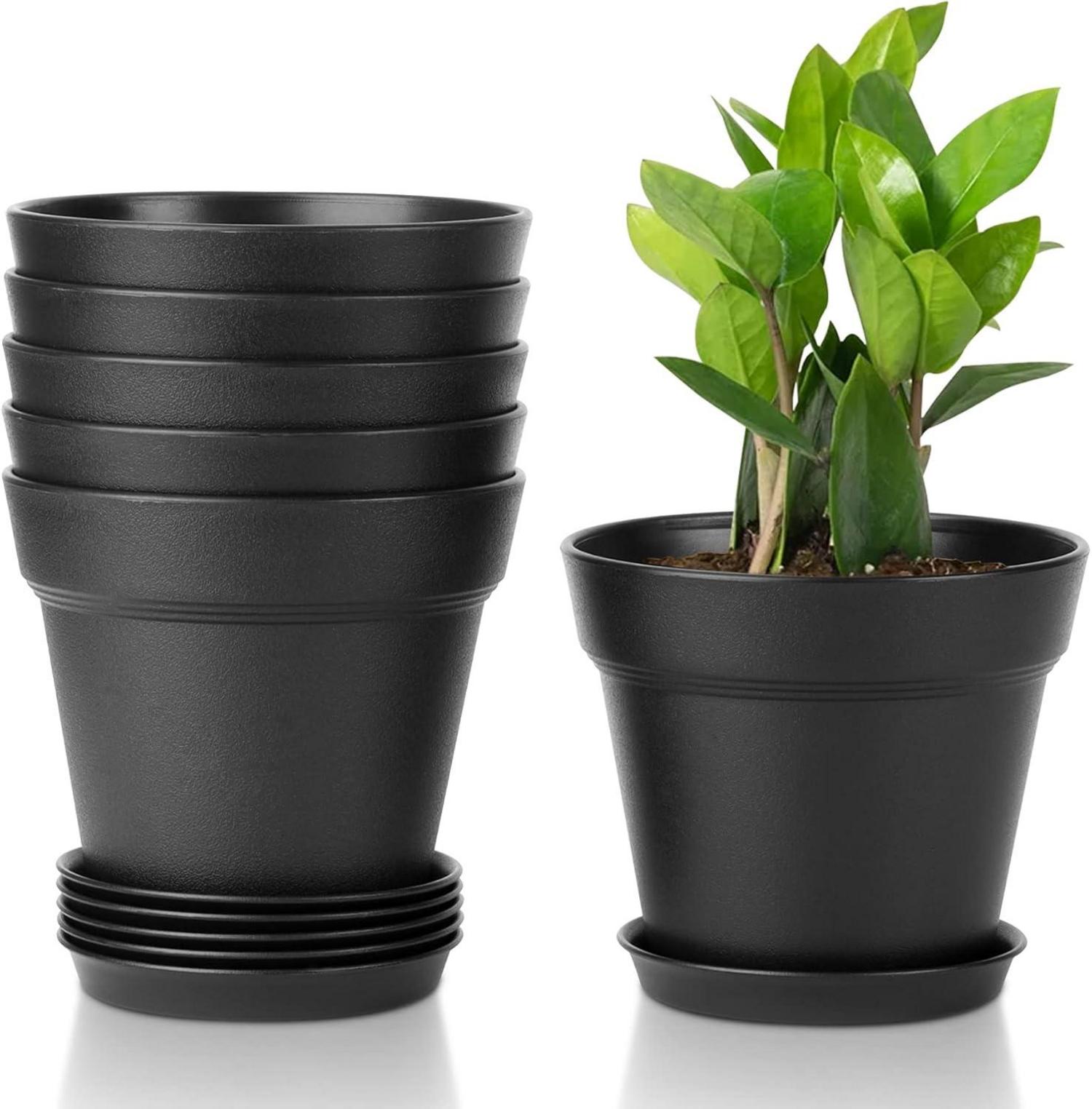 12,5cm Kunststoff Blumentopf mit Untersetzer 6er-Set Schwarz